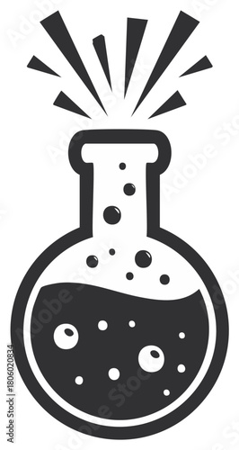 Chemistry flask with bubbling liquid and explosion vector icon illustration science laboratory experiment