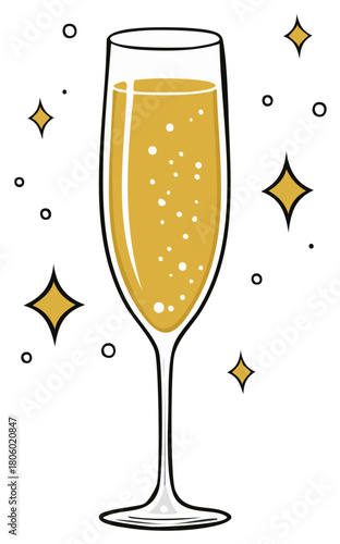 Champagne glass with bubbles and stars illustration
