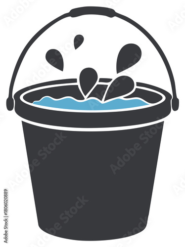 Gray metal bucket filled with blue liquid and a few scattered drops for cleaning purposes