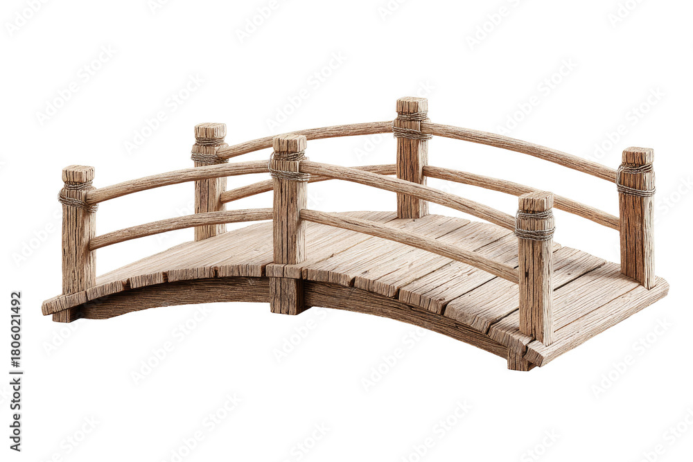 Naklejka premium A rustic, arched wooden bridge with railings, isolated on a transparent background