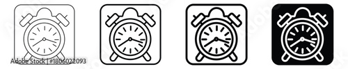 Classic twin bell alarm clock set of four monochrome line and solid icons representing time management deadline urgency scheduled routine waking up and immediate promptness