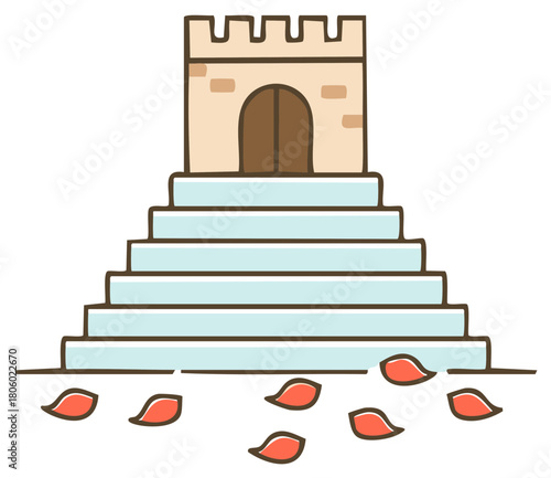 Fairytale castle tower at the top of a wide staircase with romantic red petals