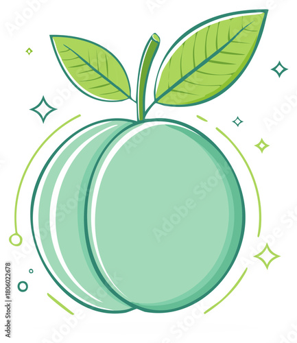 Fresh Green Peach Fruit with Leaves and Sparkling Accents