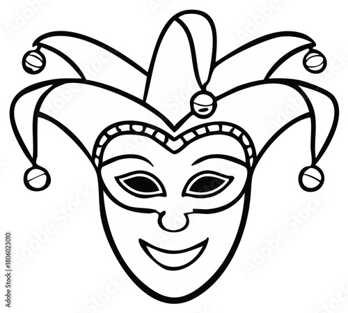 Jester Mask Outline Illustration with Bells for Carnival or Costume Party