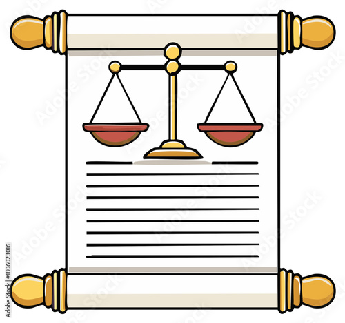 Cartoon Legal Document Scroll Featuring Scales of Justice and Text Lines, Symbol of Legal Profession