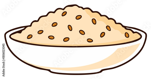 Illustrated bowl of cooked rice with sesame seeds, culinary illustration