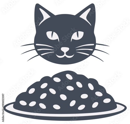 Stylized gray cat head icon above a plate full of dry pet food, representing feline feeding and care.
