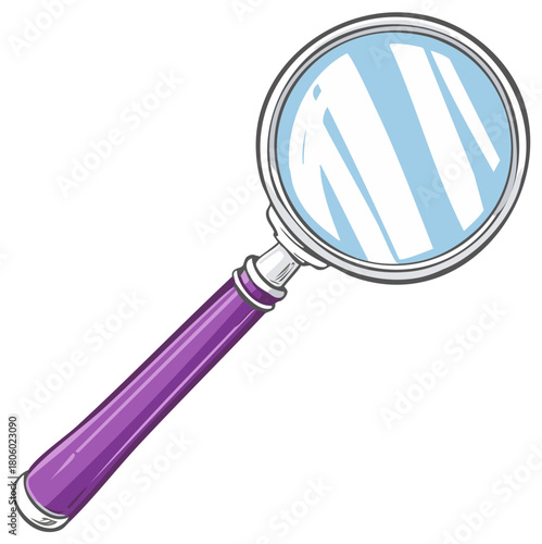 Cartoon magnifying glass with a purple handle vector illustration for search and discovery