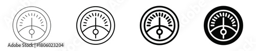 Set of black and white gauge icons with dial scale and pointer representing speed performance or measurement in modern minimalist outline and solid flat styles for user interface design