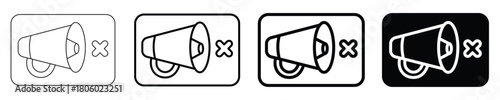 Set of professional black and white line art vector icons featuring a megaphone loudspeaker crossed out indicating mute volume level or silent notification alert settings