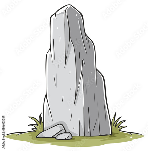 Cartoon Standing Stone Megalith Monument on Grassy Hill Ancient Rock Illustration