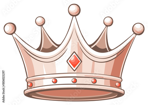 Cartoon Illustration of a Metallic Crown with Ornate Red Gem Detail and Rounded Peaks