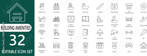Clean and minimal thin line icon set showcasing essential building amenities and property features. Ideal for real estate presentations, apartment listings, and architectural design materials.