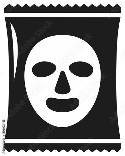 Facial mask in black and white package, beauty product sheet with face shape cutout