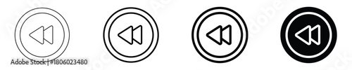 Black and white rewind media player button icon set showing four different styles including outline thick line and solid versions for navigation and control interfaces