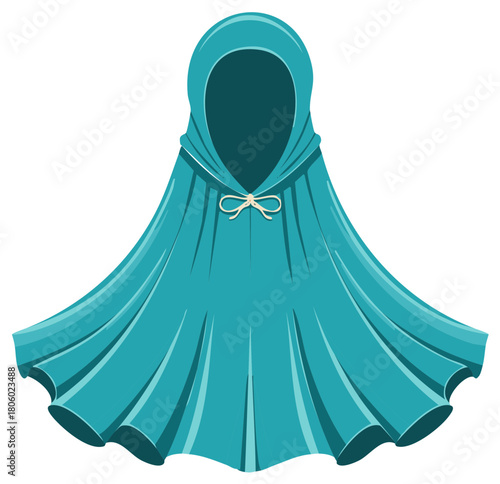 Teal Cloak with Hood and Bow Fastening Isolated Costume or Cosplay Garment Accessory Wardrobe Item