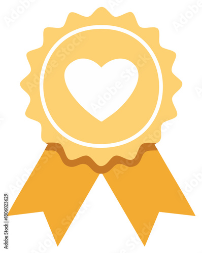 Golden Heart Award Badge with Ribbons, Symbol of Appreciation, Best Love, Icon for First Place Recognition, Vector Illustration
