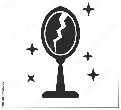 Broken mirror icon surrounded by stars, reflecting damage and misfortune, simple graphic with a magical theme