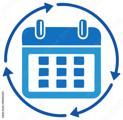 Blue calendar icon with circular arrows for recurring schedule and planning