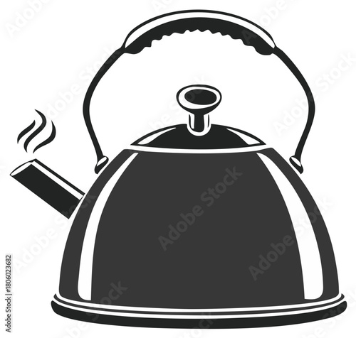 Black and white illustration of a classic retro teapot with steam coming out of the spout