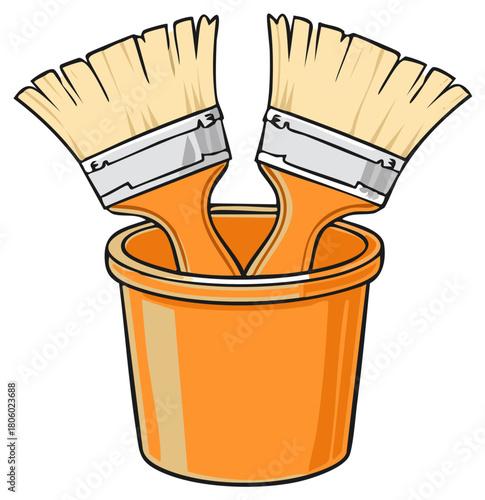 Two orange paintbrushes in an orange bucket