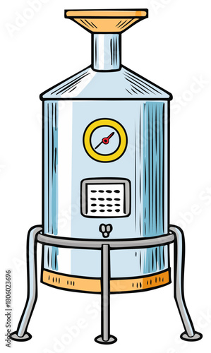 Cartoon illustration of a metallic distillation apparatus with a funnel and gauge