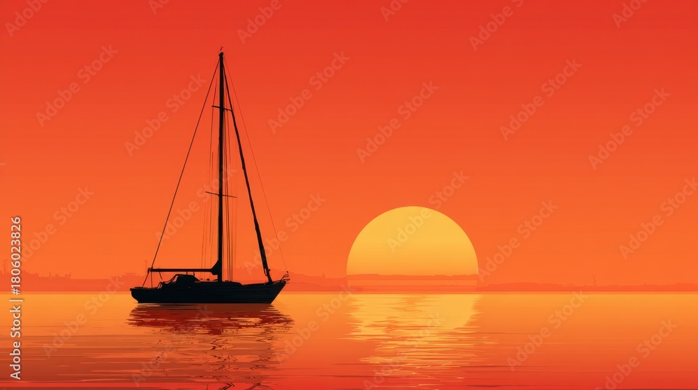 Naklejka premium A sailboat glides peacefully on still water during sunset. The sky is filled with vibrant shades of orange, reflecting the warmth of the setting sun on the horizon.