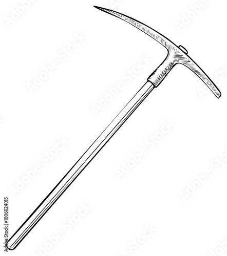 Isolated Illustration of a Single Pickaxe Featuring Detailed Crosshatching and a Long Handle on White