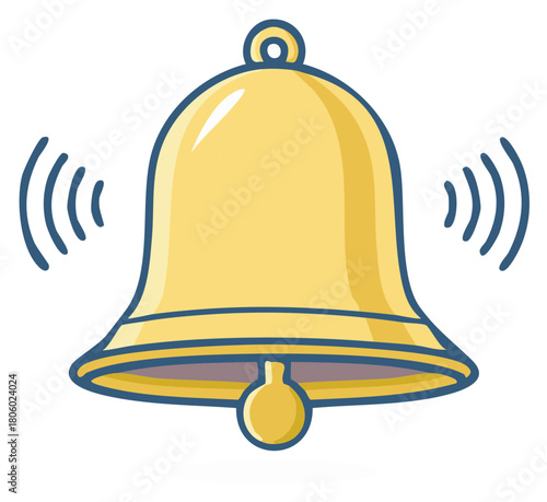 Cartoon illustration of a ringing golden bell with sound waves