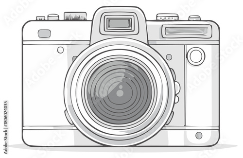 Illustration of a digital camera with a large lens and detailed buttons