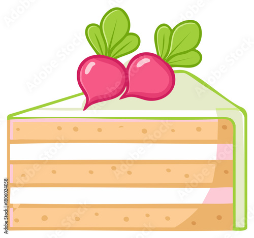 Sweet Slice of Cake with Pink Radish Topping and Green Icing