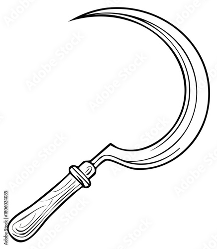 Black and white illustration of a sickle, farming harvest tool