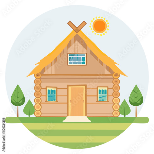 Traditional wooden log cabin with a thatched roof on a sunny day in the countryside vector illustration