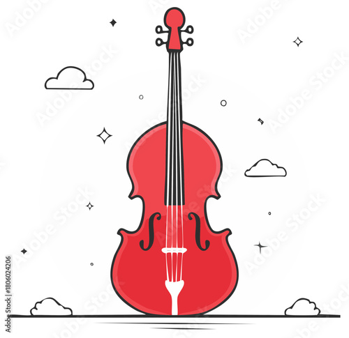 Vibrant Red Cello Illustration with Stylized Clouds and Stars