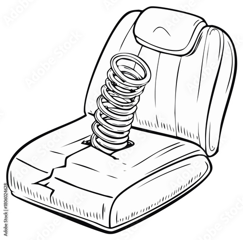 Coil spring bursting out of an upholstered seat cushion showing discomfort or malfunction