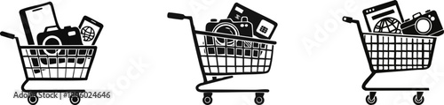 Three shopping carts filled with various electronic devices, illustrated in a simple black and white style.