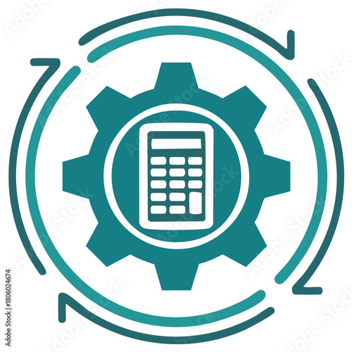 Continuous financial calculation and analysis process symbolized by a gear and calculator icon