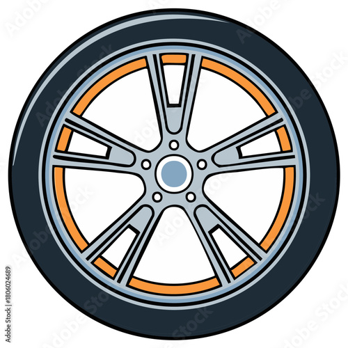 Car Wheel with Orange Accents and Silver Spokes Car Tire Vehicle Part Transport Component Style