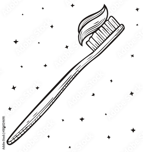 Hand drawn toothbrush with toothpaste and sparkles dental care health hygiene concept