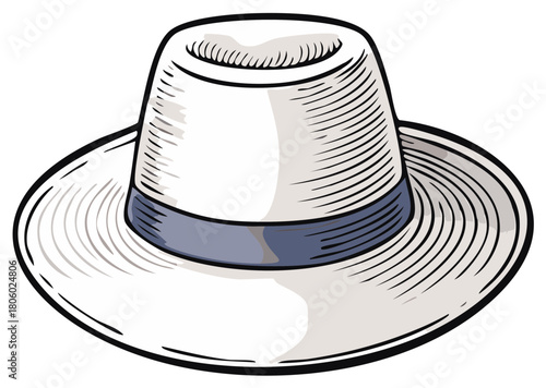 Stylish straw hat drawing with ribbon and outlined illustration for design and print materials