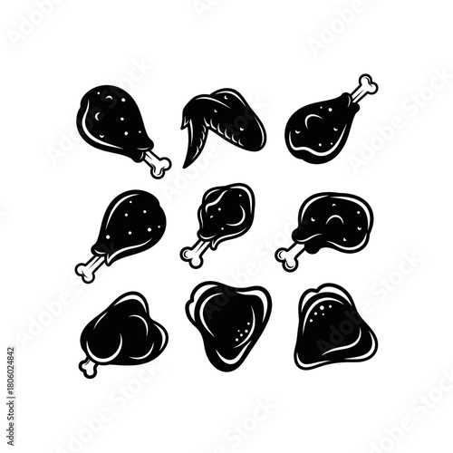 Black and white illustration of various cooked chicken pieces, arranged in a grid pattern on a white background.