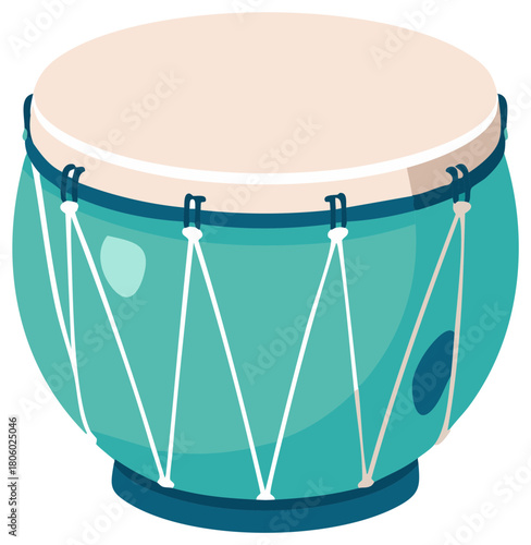 Turquoise drum with tan head and white rope tuning illustration