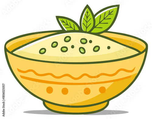 Whimsical Cartoon Bowl of Creamy Soup with Peas and Fresh Mint Leaves