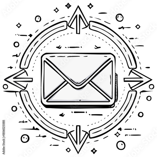 Hand-drawn envelope with circular directional arrows and abstract elements symbolizing communication and network
