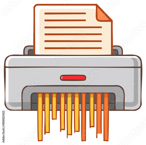 Document shredder destroying paper into strips, simple cartoon illustration