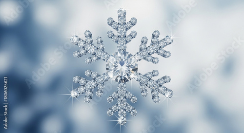 A dazzling diamond snowflake on a blurred blue background, capturing the beauty and elegance of winter, perfect for adding a touch of sparkle to your designs