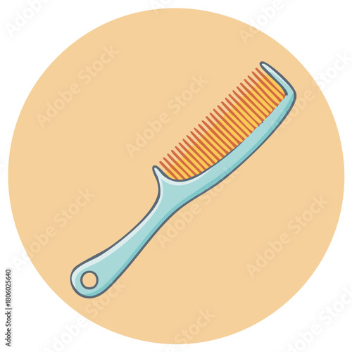 Cartoon Illustration of Light Blue Hair Comb with Orange Teeth on Round Background