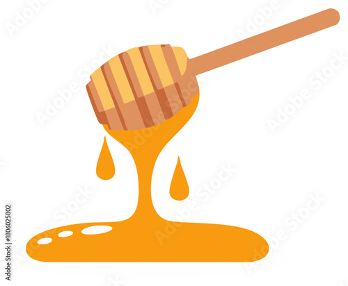 Wooden Honey Dipper Dripping Sweet Golden Nectar
