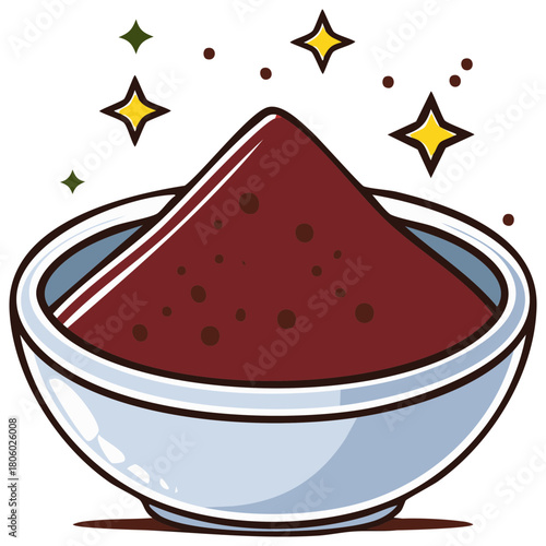 Illustration of rich reddish brown powder piled high in a white bowl with festive sparkles