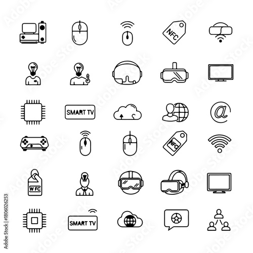 Minimalist Smart Tecnology line icons set with editable stroke, featuring gaming console, wireless mouse, nfc, wifi, knowledge worker, vr, cpu, smart tv, internet, social